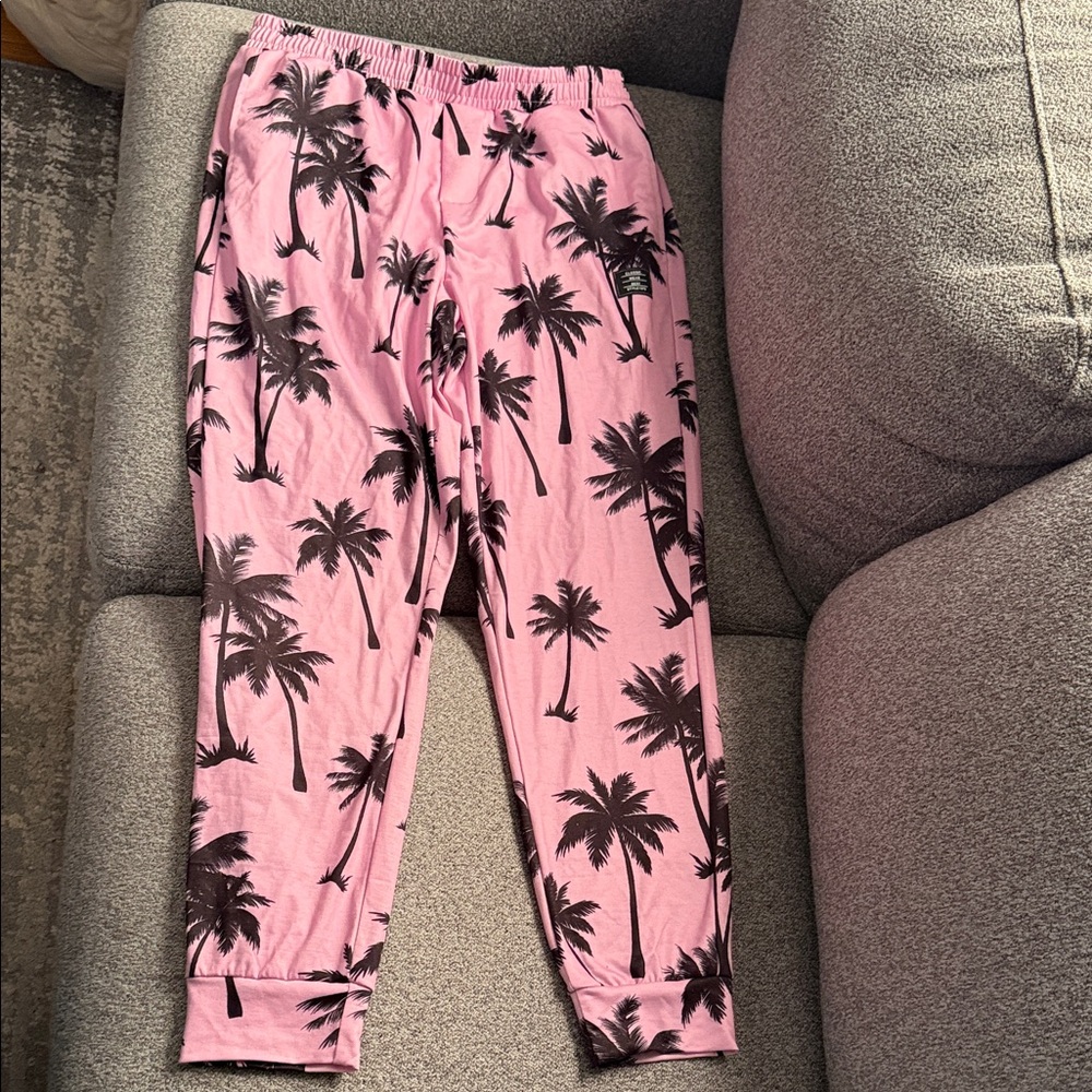 SHEIN Pink and Black Palm Tree Bottoms